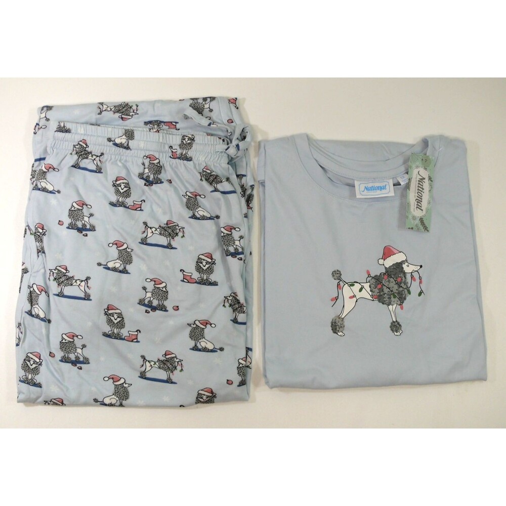 NEW Christmas Poodle Pajama Set Blue Holiday Gift Dog Print Long Sleeve 1X